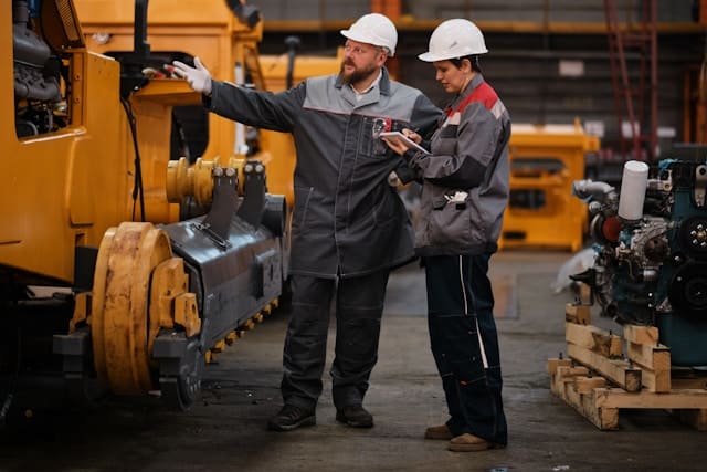Deux personnes debout dans une usine, discutent
