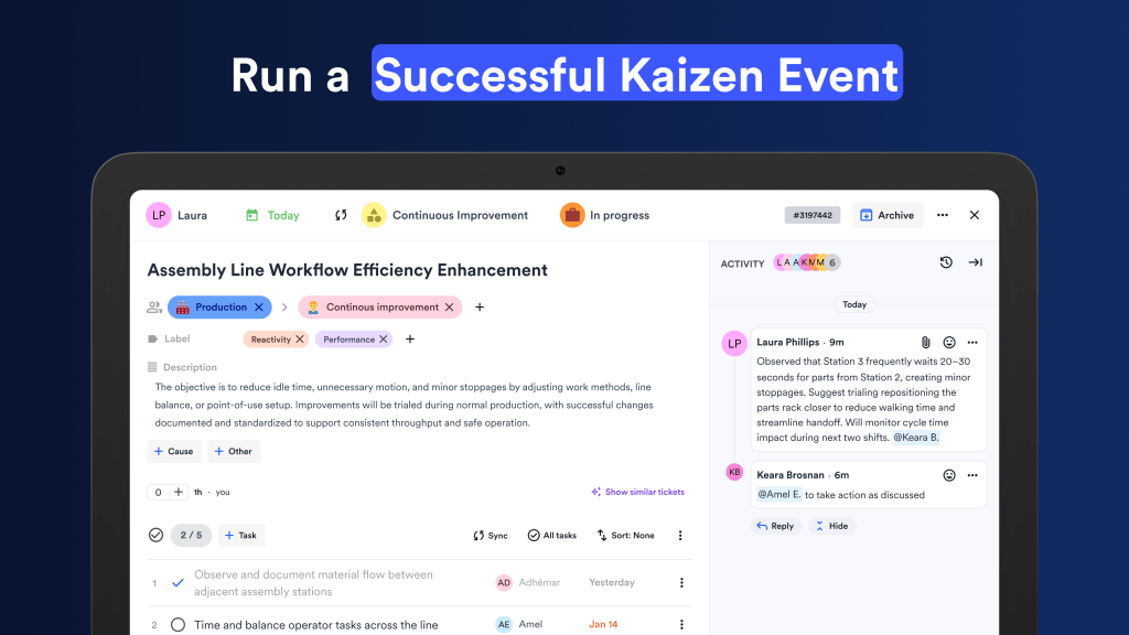 Example of how you can successfully run a kaizen event using digital tools like fabriq. Image shows a Kaizen event ticket with centralized data, clearly assigned actions, traceability and more. 