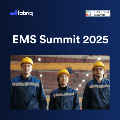 EMA Summit 2025 text with factory empowering frontline workers walking on manufacturing shopfloor.
