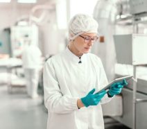 Pharma employee in PPE on digital tool implementing lean practices in factory, showing the power of a lean digital transformation.