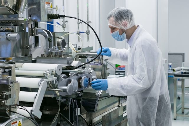 Pharma factory quality employee ensuring GMP documentation and production controls are in place on shop floor to ensure consistent, compliant manufacturing and traceability.