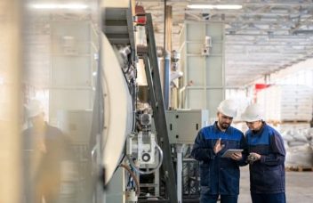Two manufacturing operators using a tablet to complete a standardized digital shift handover on the factory floor.